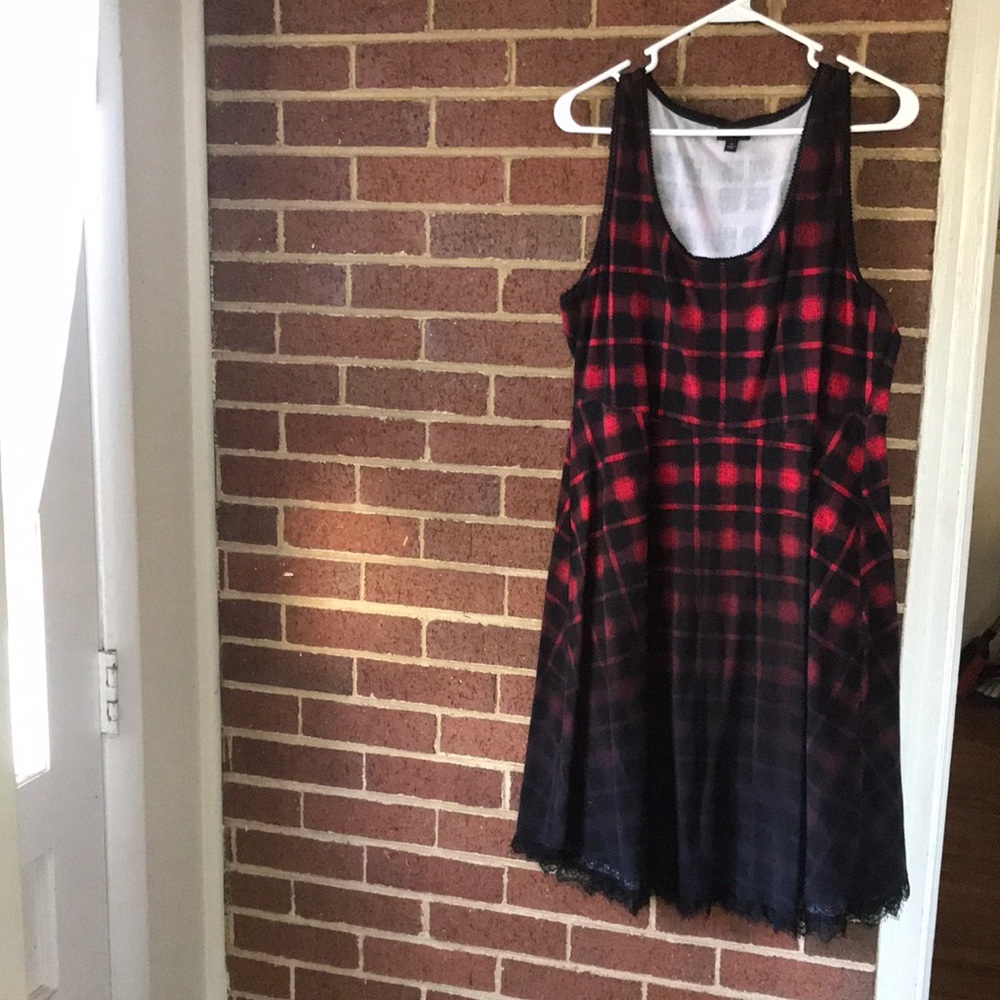 Sleeveless red and black checkered skater dress